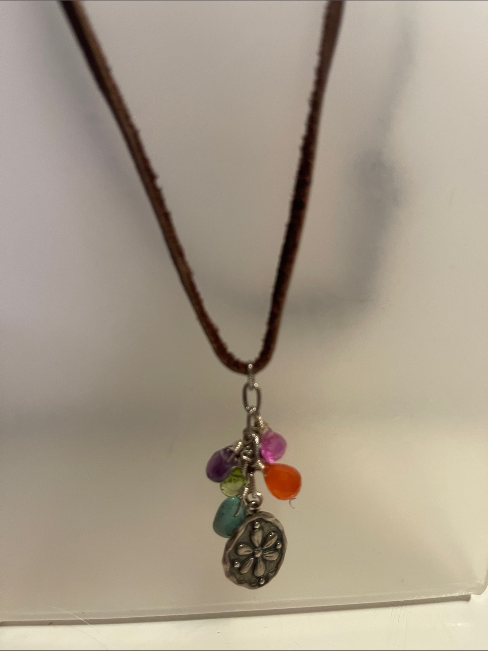 Multicolor Gemstone Peyote Bird Necklace with Silver Floral Pendant